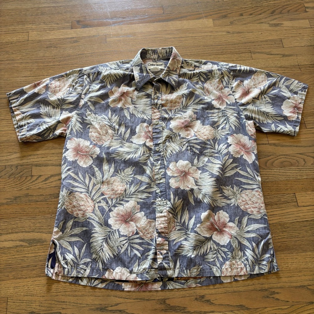 Cooke Street Honolulu Mens M Blue Floral Pineapple Hibiscus Aloha Shirt Hawaii
